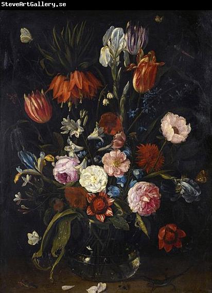 Jan Van Kessel the Younger A still life of tulips, a crown imperial, snowdrops, lilies, irises, roses and other flowers in a glass vase with a lizard, butterflies, a dragonfly a